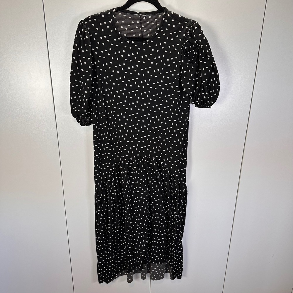 Zara‎ Women's Small Black Polka Dot Midi Dress Short Sleeve Tiered Ruffle